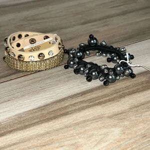 The Good Bead Bracelet Lot Gray Stretch beads Gold Tone Cream Wrap Rhinestone
